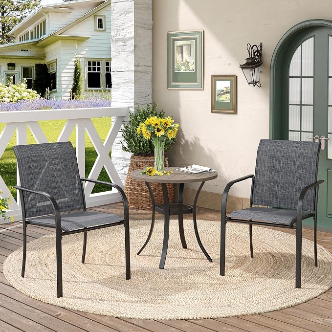 DIFY 3 Piece Outdoor Dining Set for 2, Patio Furniture Set of Small Round Metal Dining Table and 2 Textilene Stackable Patio Chairs, for Garden Porch Deck, Grey Wood-Like Tabletop & Grey Chairs by DIFY