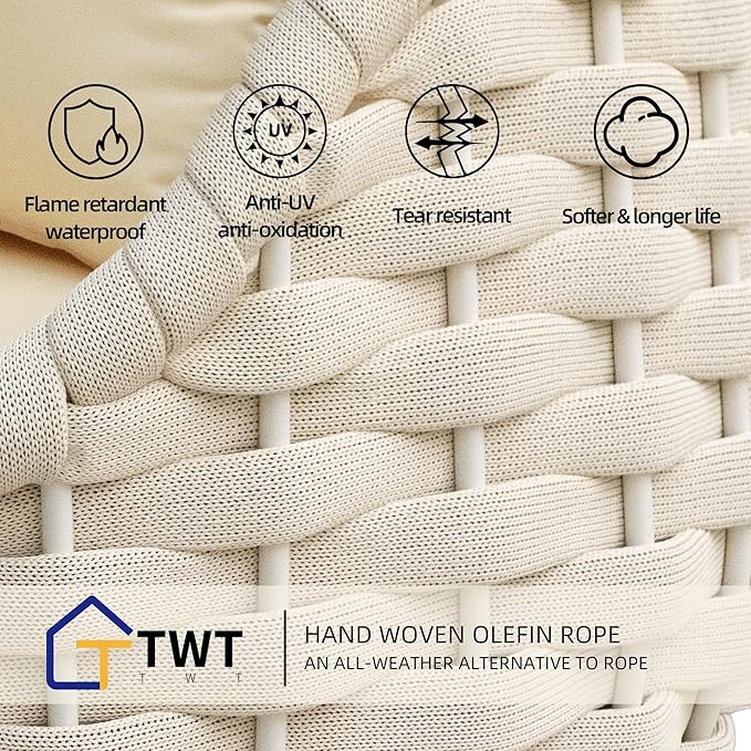 TWT Outdoor 4-Piece Conversation Set Rust Free Patio Furniture Set Already Assembled Compact-Weave Rope Olefin Modern Sofa Seating with Thick & Washable Cushions for Indoor, Backyard, Balcony, Cream