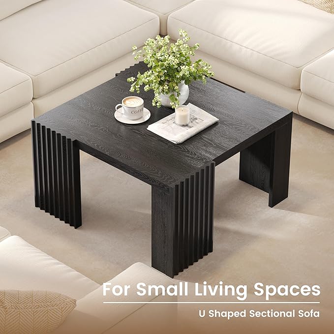 Luoxiao 27.5" Black Square Coffee Table Fluted Mid-Century Modern Living Room Table, Square Wooden Center Table with Quilted Footpads for Apartments, Small Homes, Easy Assembly