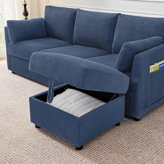 79" L Shaped Couch with Storage Ottoman, 3 Seater Corduroy Sofa with 2 Pillows and Storage Pockets, Small Modern Couches for Living Room, Apartment, Small Spaces, Home Office, Navy Blue
