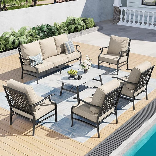 6 Piece Metal Outdoor Patio Furniture Set, Patio Conversation Sets 1 3-Seater Sofa, 4 Fixed Chairs with 5.75" Thick Cushion and Coffee Table, Backyard Furniture Set for Deck, Beige