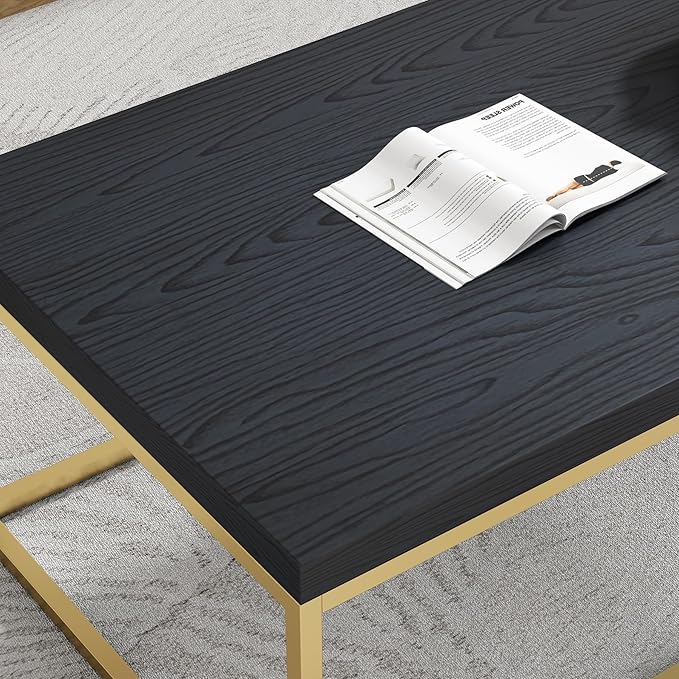 CENSI 47-Inch Black Oak Coffee Table/Center Table for Living Room, Rectangle Modern Industrial Style, Wood and Gold Metal (Black Oak & Gold)