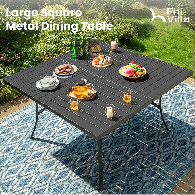 PHI VILLA 9 Piece Outdoor Patio Dining Set, Large Square Metal Dining Table and 8 Outdoor Swivel Dining Chairs, Patio Table and Blue Chair Furniture Dining Set for 8 Person - Image 7