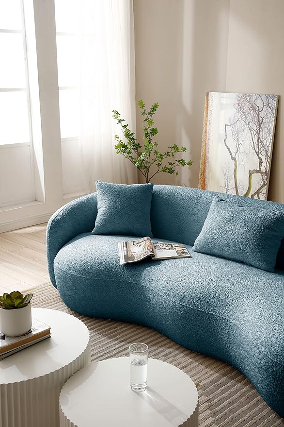 KEIKI 94" Boucle Half Moon Curved Sectional Sofa with 3 Throw Pillows, Modern Style 4-Seater Teddy Fleece Leisure Couch with Curved Backrest, Easy Assembly, for Living Room, Bedroom, Blue