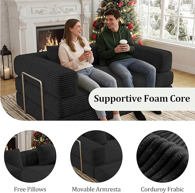 4 in 1 Futon Sofa Bed Queen Size - Foldable Convertible Sleeper Couch,Teddy Foam-Filled Compressed Couch Removable Corduroy Cover, Space Saving Sofas for Bedroom & Dorm (Black, 59” 2 Seat)