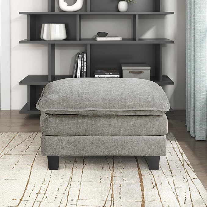 Lexicon Chenille Upholstered Rectangle Ottoman, Foot Stool, Black Faux Wood Feet, Durable Frame, Large Padded, Modular Sectional Couch Add Ons for Living Room, Bedroom, Assembly Required, Dark Pewter