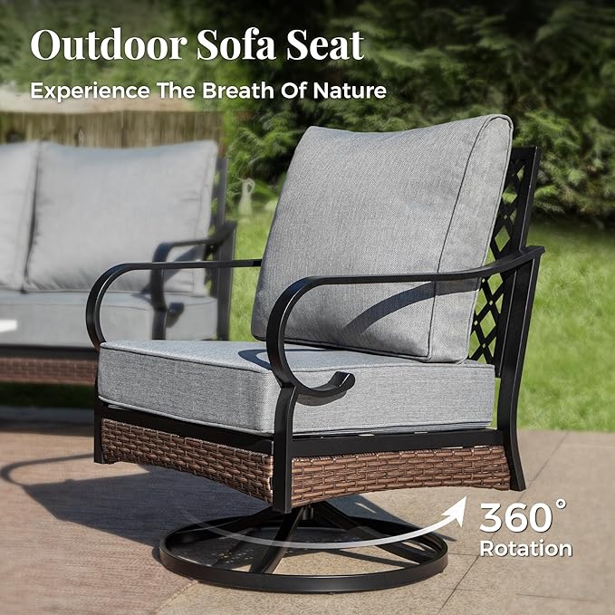 Patio Furniture Set with Coffee Table, Outdoor Conversation Set with 2 x Fixed Chairs, 2 x Swivel Chairs, 1 x 3-Seat Sofa for Lawn Garden Backyard, Grey