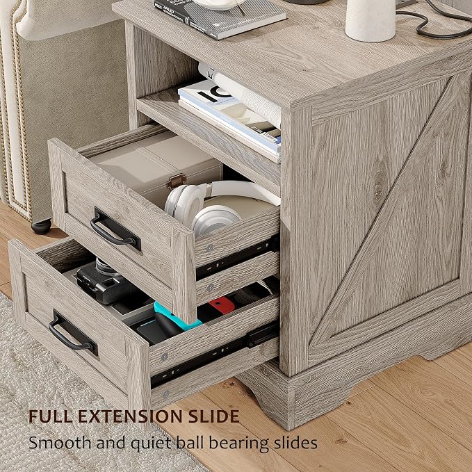 Whalefall Farmhouse Night Stand Set of 2, Large 2 Drawers Bed Side Table with Charging Station, 18 inch Wide End Table for Bedroom, Living Room, 2pcs, Light Wash Gray - Image 5
