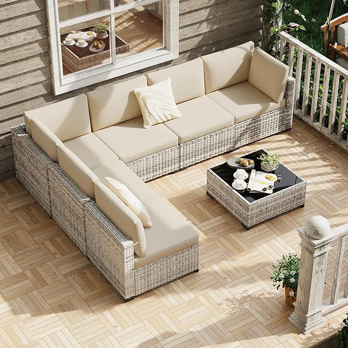 KIGOTY Patio Furniture Set,7 Pieces Modular Outdoor Sectional Sofa, PE Rattan Patio Conversation Set, All Weather Wicker Patio Furniture with Cushions and Coffee Table（Grey White/Grey）