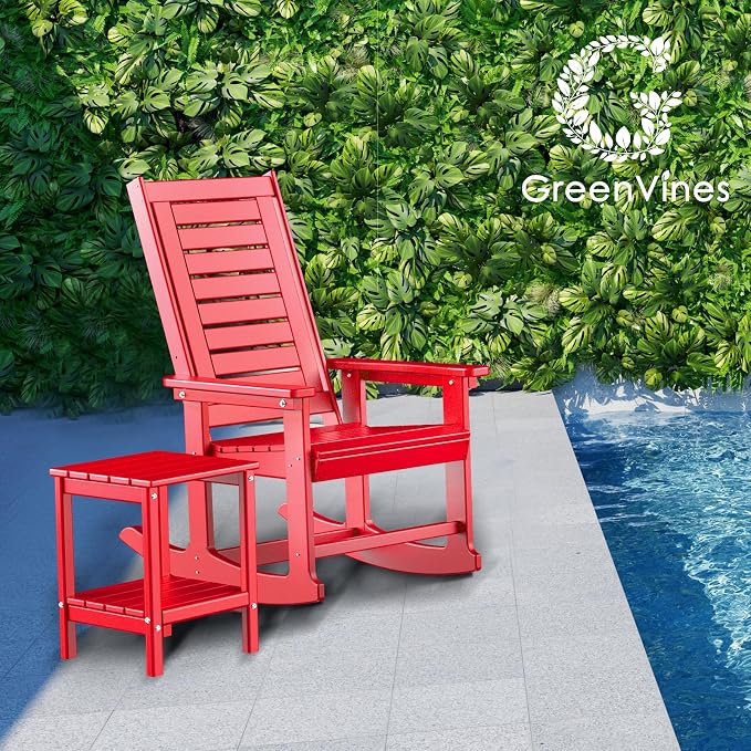 GREENVINES Outdoor Rocking Chair Set | 3-Piece | 2 Rocking Chairs with 1 Side Table | Porch Rocker | HDPE Plastic | Red | Patio Furniture Sets | High Back | Big & Tall | Ladder Back - Image 2
