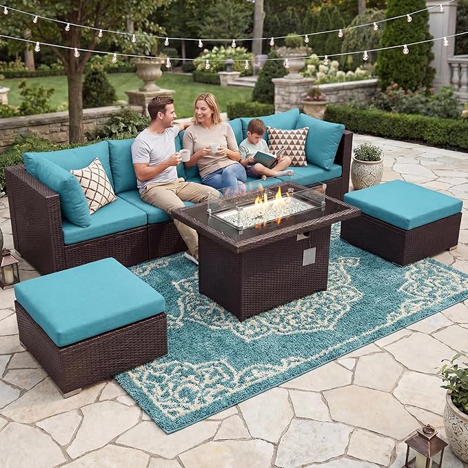 BULEXYARD 7 Pcs High Back Patio Furniture Set with Fire Pit Table Propane/Natural Gas Dual Fuel, Heavy Duty Outdoor Sectional Couch, XL Comfy Backyard Seating for Exterior, Brown Wicker & Teal Cushion