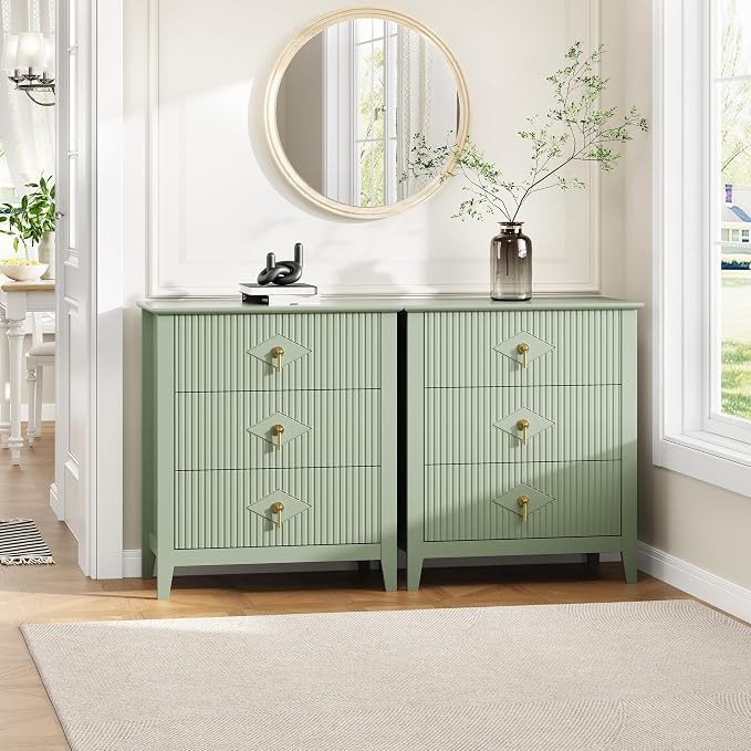 GarveeHome Fluted Dresser for Bedroom, 27.5" Wide 3-Drawer Wood Dresser, Modern Chest of Drawers, Storage Organizer Cabinet for Living Room, Hallway, Entryway, Green - Image 7