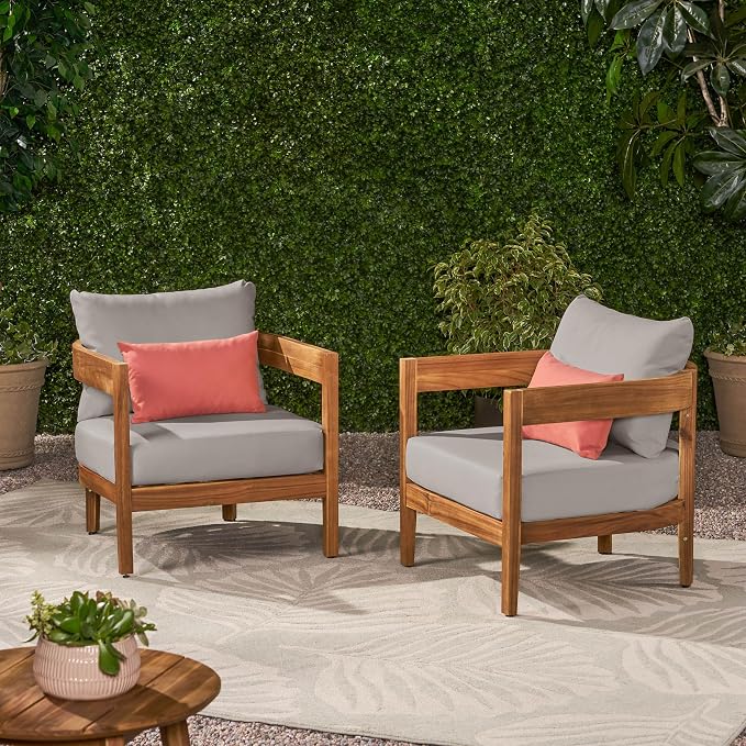 Christopher Knight Home Nadine Acacia Wood Club Chairs Set of 2, Outdoor Accent Chair, Tub Shape Design Armchair, Comfort Cushion Seating, Slat Open Back Reading Sofa for Balcony Garden, Teak+Gray - Image 3