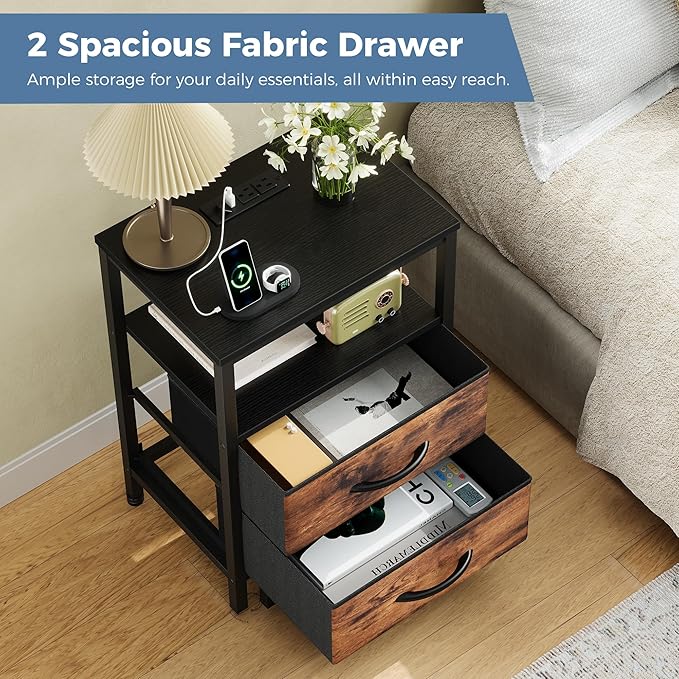 OLIXIS Nightstand with Charging Station, Bedside Table with USB Ports & Type-C, 2 Fabric Drawers Night Stand with Open Shelf, Compact End Table for Bedroom, Black & Rust - Image 4