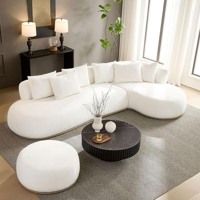 KEIKI 135" L-Shaped Oversized Boucle Sectional Sofa with Right Chaise, Modern 5-Seater Polyester Curved Couch with PU Leather Base, 1 Ottoman & 6 Pillows, No Assembly Required, for Living Room, Beige