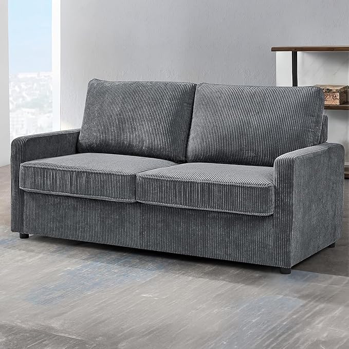 Reversible Sleeper Sofa Bed with Comfortable Memory Foam Mattress, Convertible Corduroy Full Size Pull Out Couch for Living Room, Space Saving Furniture, 70" Wide, Rectangular Arms, Grey