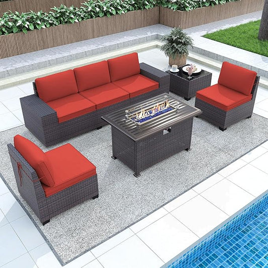Gotland 7 Pieces Patio Furniture Set with 55000BTU Fire Pit Table, Wicker Patio Set with Wide Armrests 29.5'' High Backrest Thick Cushions 1 Coffee Table, Outdoor Furniture for Porch Deck Red