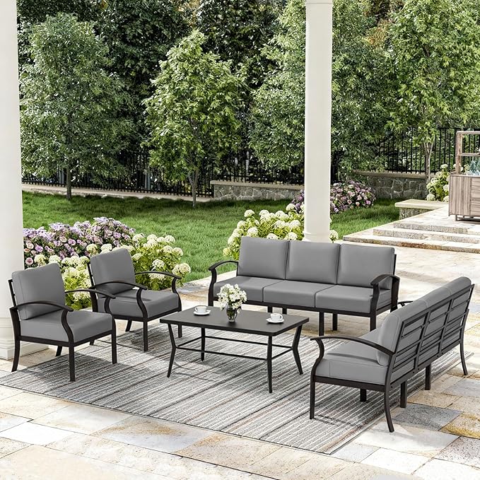 ALAULM Aluminum Patio Furniture Set with Coffee Table Rectangular, 8-seat Outdoor Sectional Furniture w/5.1" Cushions, Patio Conversation Set for Porch, Backyard, Poolside-Grey