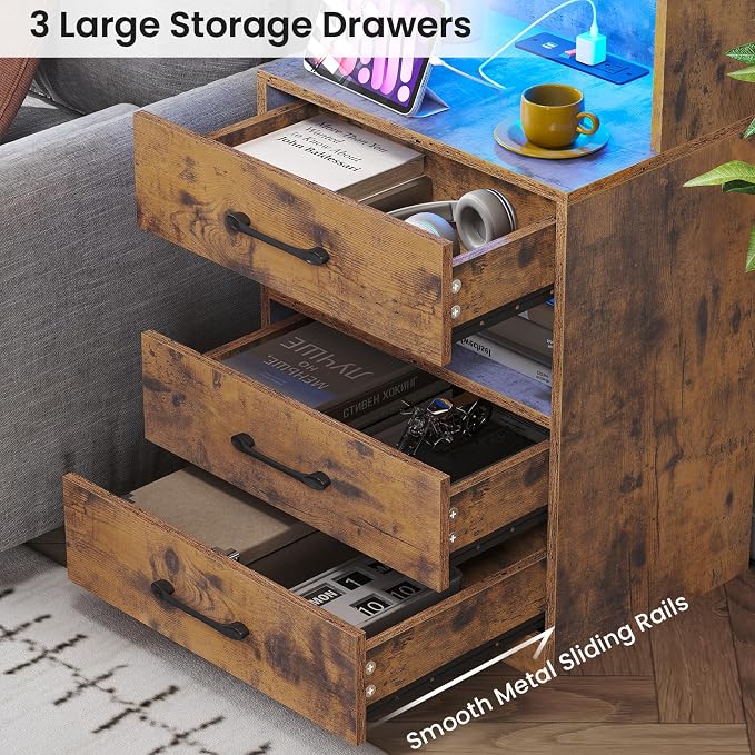 VIAGDO Tall Nightstand Set of 2 with Charging Station and LED Lights, Rustic Brown Night Stand Set 2 with Bookshelf, Modern LED Bedside Tables with 3 Drawers and Storage Shelves, Side Tables Bedroom - Image 4