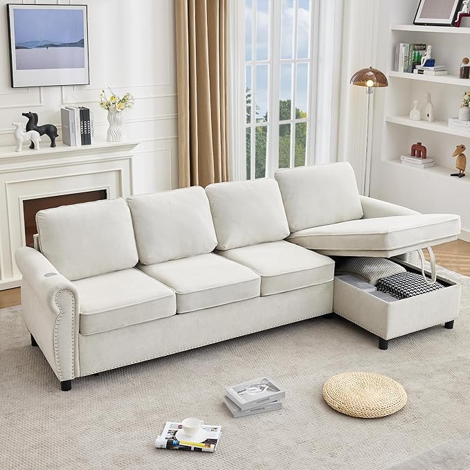 ERYE L-Shaped Reversible Sectional Sofa with Pull Out Queen Memory Mattress Sleeper Bed, 2-in-1 L-Shaped Corner Sectional Couches W/Wireless Charging, Storage Chaise Lounge