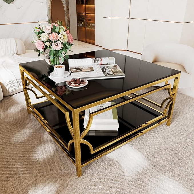 Harper & Bright Designs Square Glass Coffee Table in 33.5",Luxurious Geometric Metal Frame,Gold Finish & Lower Shelf