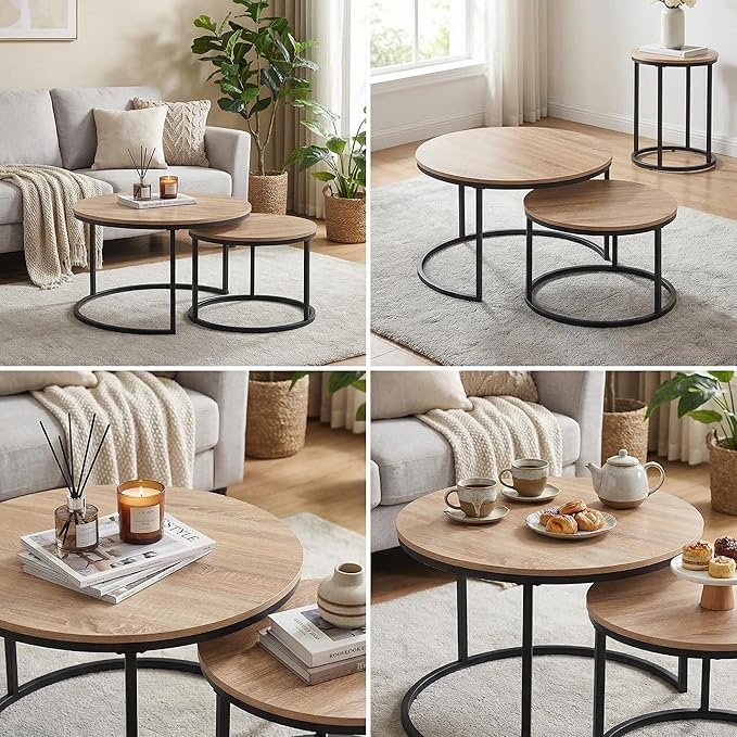 CENSI Round Nesting Coffee Table Set of 2, 31.5" Natural Oak Wood & Metal Frame, Modern Industrial Stacking Center Tables for Living Room, Scandi Boho Decor, Sturdy Circle Accent Furniture