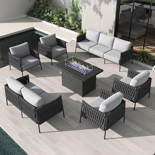 LayinSun 7 Piece Outdoor Furniture Set with Fire Pit Table, Modern Rope Woven Patio Conversation Sofa Set with Olefin Braid and Deep Seating