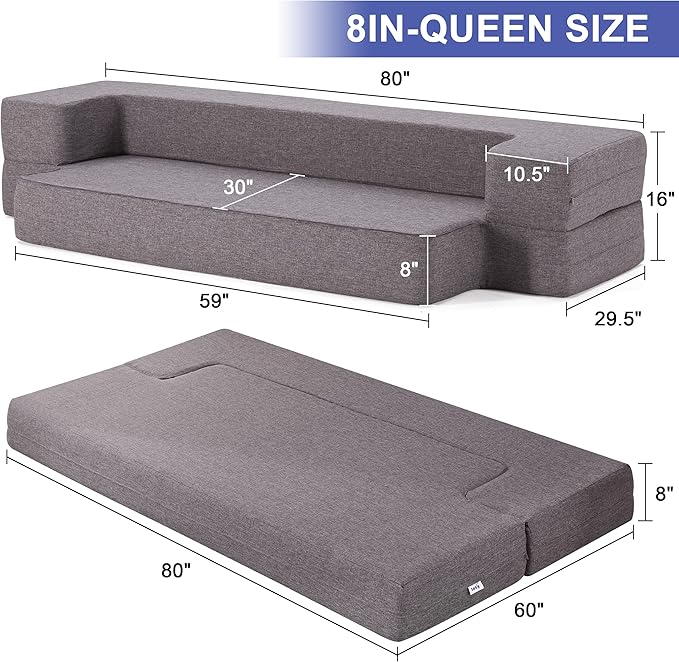 Floor Sofa Bed, Convertible Sleeper Lounge Couch Folding Mattress with 2 Pillows & Washable Cover for Living Room, Guest, Playroom, Queen