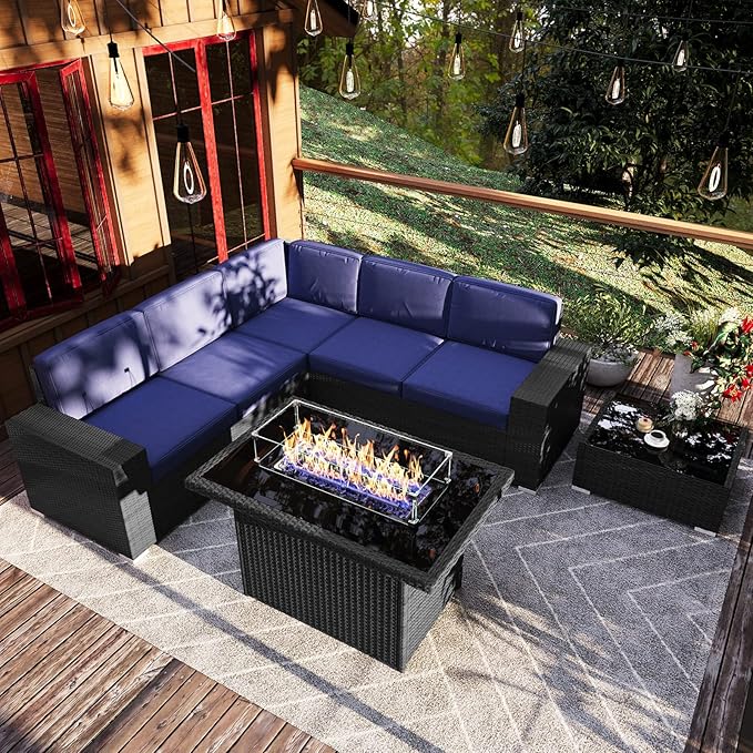 7 Pieces Patio Furniture Set with 44" Propane Gas Fire Pit Table, Outdoor Sectional Wicker Conversation Sofa Sets with Coffee Table