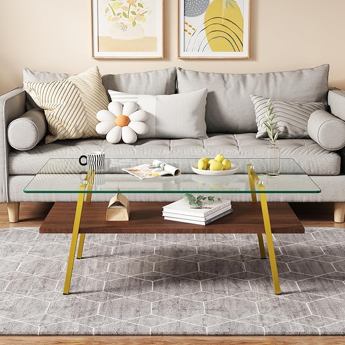 IANIYA Glass Coffee Table for Living Room Small Gold Mid Century Coffee Table for Living Room with Wood Shelves (Gold Frame, Transparent Glass + Brown Wood)