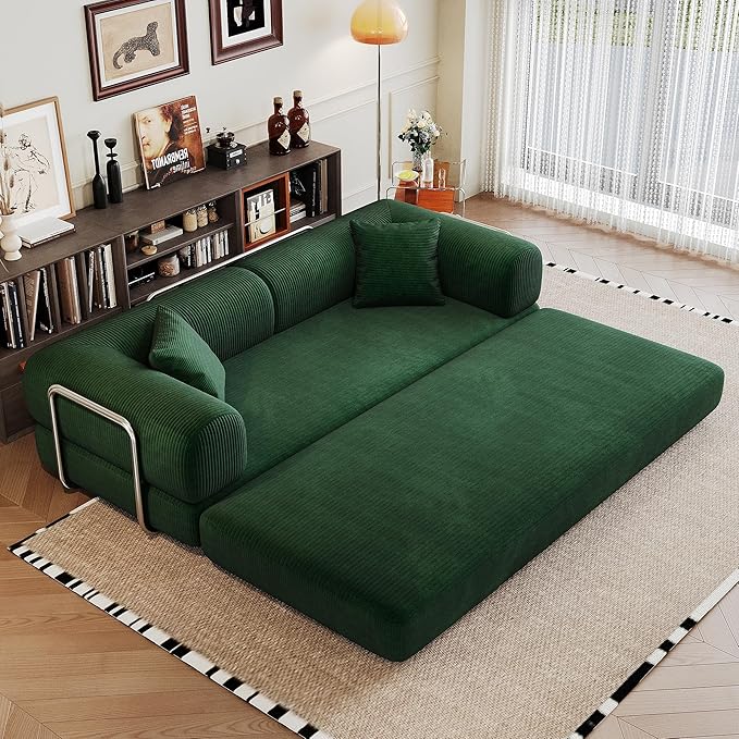 Ball & Cast 78.8" Compressed Modular Sofa Bed, No-Assembly Convertible Floor Futon Couch with Pillow Backrest & Armrest Support, Boneless Corduroy Sleeper Sofa for Living Room & Bedroom, Green