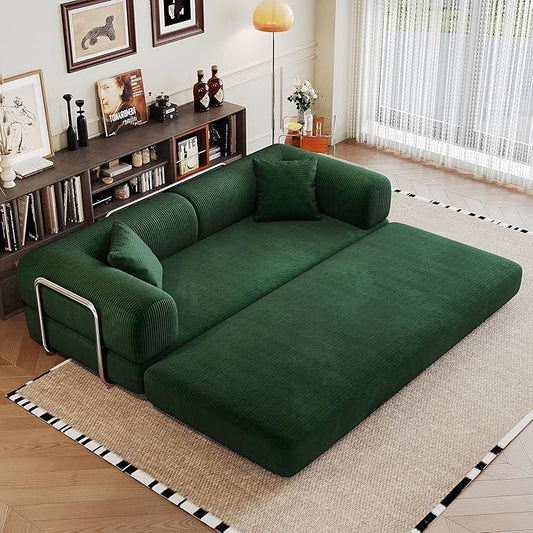 Ball & Cast 78.8" Compressed Modular Sofa Bed, No-Assembly Convertible Floor Futon Couch with Pillow Backrest & Armrest Support, Boneless Corduroy Sleeper Sofa for Living Room & Bedroom, Green