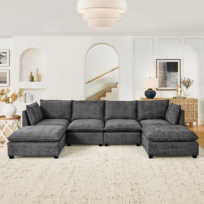 Flexible Combination Convertible Modular Sectional Sofa,140" Oversized U Shaped Cloud Couches with 2 Movable Ottomans,6-Seat Chenille Combination Sofa Set for Living Room | Layer Cushions