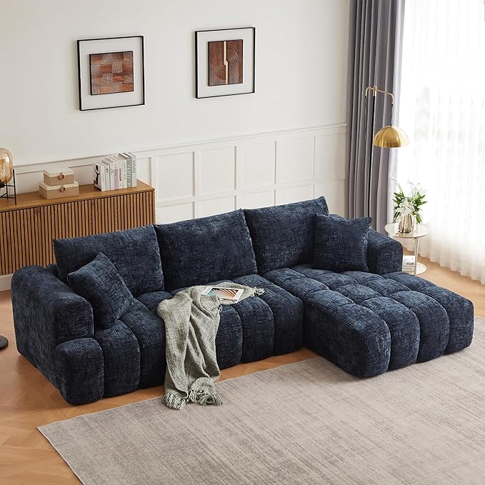 Tufted Chenille Cloud Modular Sectional Sofa,Oversized 2-Piece Right Facing Boneless Couch with Chaise Lounge, L-Shape Floor Lounge Sofa with 2 Throw Pillows for Living Room, No Assembly Required