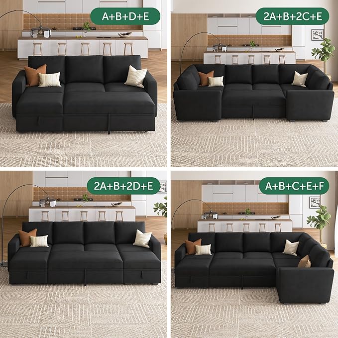 HONBAY Single Seat for Modular Sectional Sleeper Sofa with Pull Out Bed, Customizable Armless Chair for Sectional Couch, Velvet Black