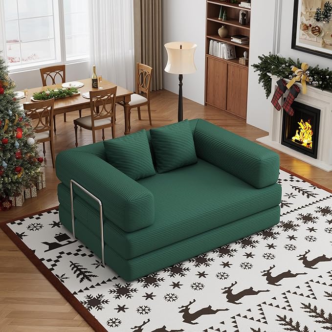 Folding Sofa Bed Convertible Corduroy Couch Queen Size Floor Sleeper 4-in-1 DIY Combination Modular Lazy Sofas Fold Futon Lounge for Living Room (Green, 53.15" Double Sofa)