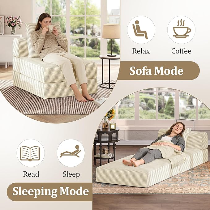 HouseMila Sofa Bed Couch,Convertible Boneless Couch Compressed Chair Comfy Boneless Chair Floor Lounge Chair with Pillow,No Assembly Folding Sofa Beds for Living Room Bedroom Guest Room(Single,Beige