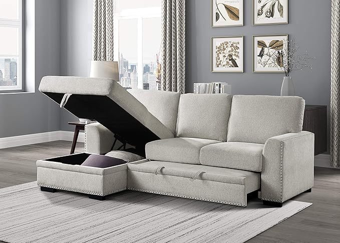 Lexicon Mid Century Modern Sectional Sleeper Sofa Bed Couch with Storage Chaise, Sectional Sofa Pull Out Couch Bed, Sectional Couch Lounge Sofa for Living Room Apartment, Left Side Chaise, Beige