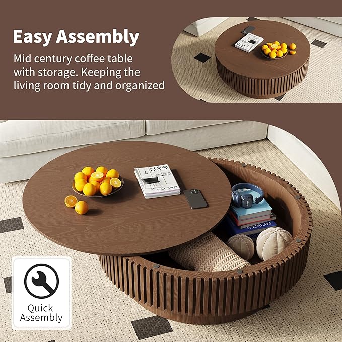 Round Coffee Table with Storage, Modern Fluted Wood Coffee Tables with Sturdy Base, 31.5" Drum Circle Center Tea Table for Living Room Apartment, Easy Assemble - Walnut