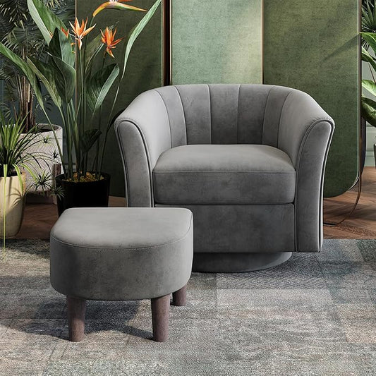 LINSY Swivel Accent Chair Ottoman Set: Velvet Larege Barrel Chair with Foot Rest, Modern Reading Chair Upholstered Armchair with Footrest for Living Room Bedroom Study Room Office (Grey)