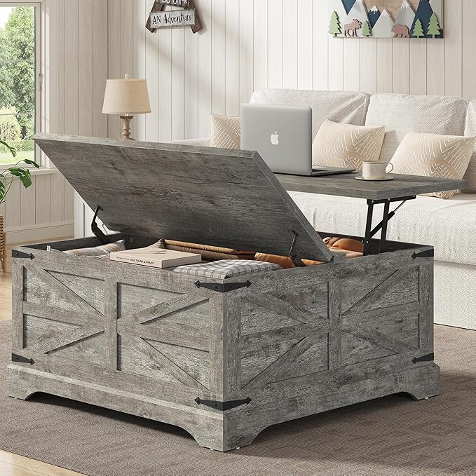 Furnideco 35.5''W Square Coffee Table Farmhouse Lift top Coffee Table with Large Hidden Storage, Wood Center Table for Living Room, Home Office, Rustic Grey