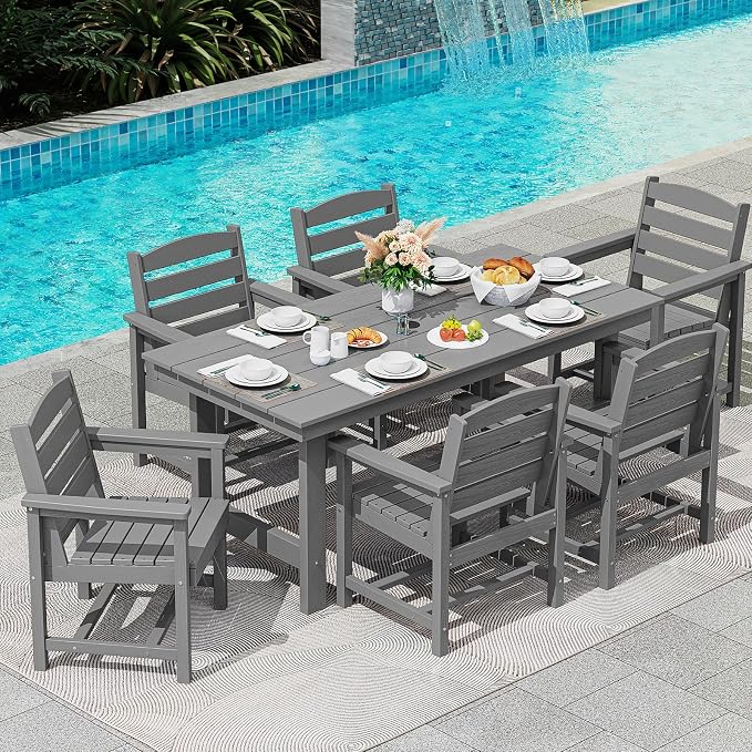SERWALL Outdoor HDPE Dining Table Set, 7-Piece Outdoor Dining Table Sets with Umbrella Hole Cut-Out Table and 6 Chairs, Gray - Image 6
