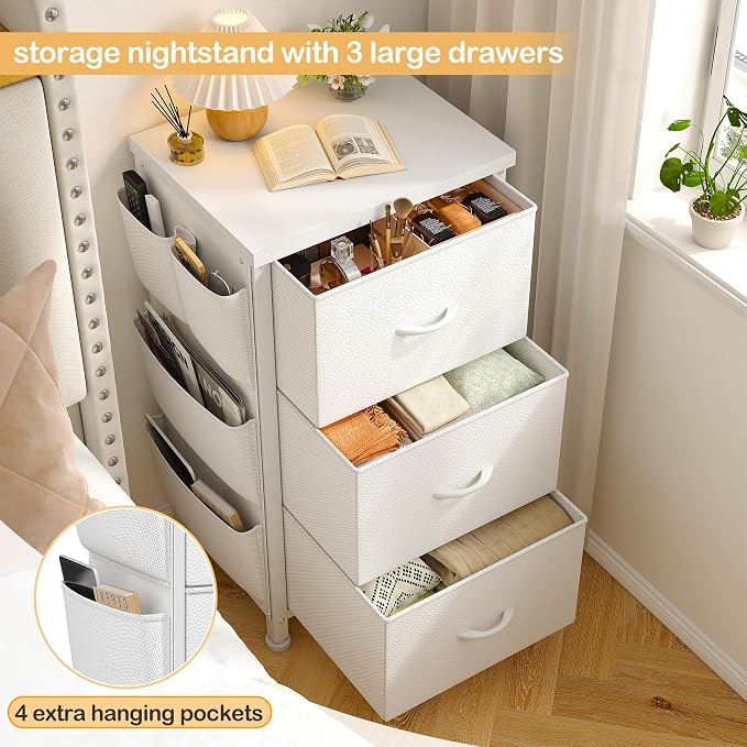 EnHomee Night Stand Set 2, Night Stand with Drawers for Bedroom, Bedside Table with Wooden Top, Sturdy Steel Frame End Table, Dorm Nightstand for Bedroom, Entryway, Hallway, Closet, Cloth Bags,White - Image 4