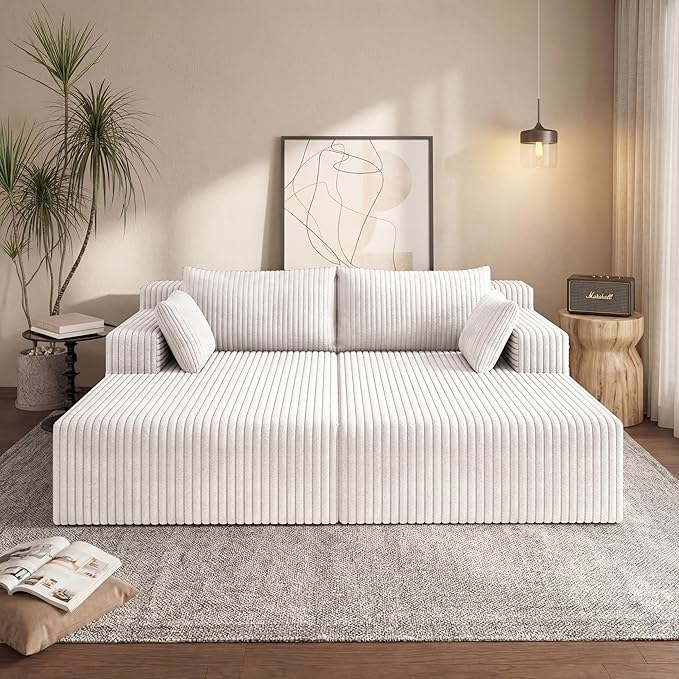 71-Inch Fluffy Corduroy Boneless Sleeper Daybed Loveseat Double Recliner Chaise Lounge Sofa Couches, Floor Cloud Sofa Chaise W/4 Pillows for Home Apartment Living Room