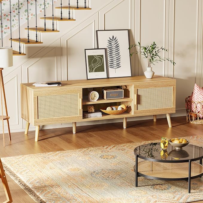 SUPERJARE Boho TV Stand for 65 Inch TV, Entertainment Center with Adjustable Shelf, Rattan TV Console with 2 Cabinets, Media Console, Solid Wood Feet, 4 Cord Holes, for Living Room - Natural - Image 5