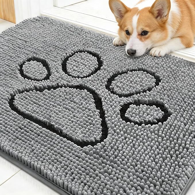 OLANLY Dog Door Mat for Muddy Paws 30x20, Paw Print Design, Absorbs Moisture and Dirt, Absorbent Non-Slip Washable Doormat, Quick Dry Chenille Mud Mat for Dogs, Entry Indoor Entryway Carpet, Grey by OLANLY