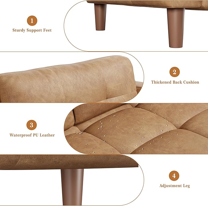 GarveeHome 3-Seater Sofa Couch, 83 in Wide Faux Leather Sofa Couch with Spring Cushion, Modern Sofa with Deep Seats and 2 Removable Back Cushions, for Living Room, Bedroom, Apartment, Office, Brown