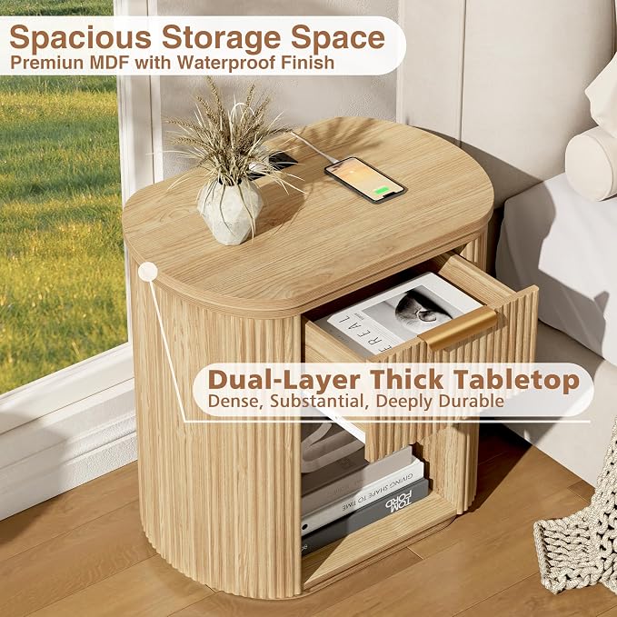 Fluted Nightstand with Charging Station, 23.6" Large Bedside Side Table with Drawer, Wood End Table with Storage, Curved Round Corner, Furniture Bedroom Sofa, Mid Century Modern, Farmhouse Boho,Oak - Image 5