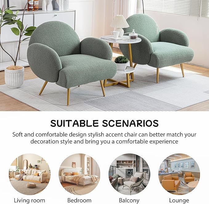 Accent Chair Green with Golden Metal Legs,Reading Chair for Bedroom Comfy, Boucle Sherpa Chair for Living Room, Bedroom