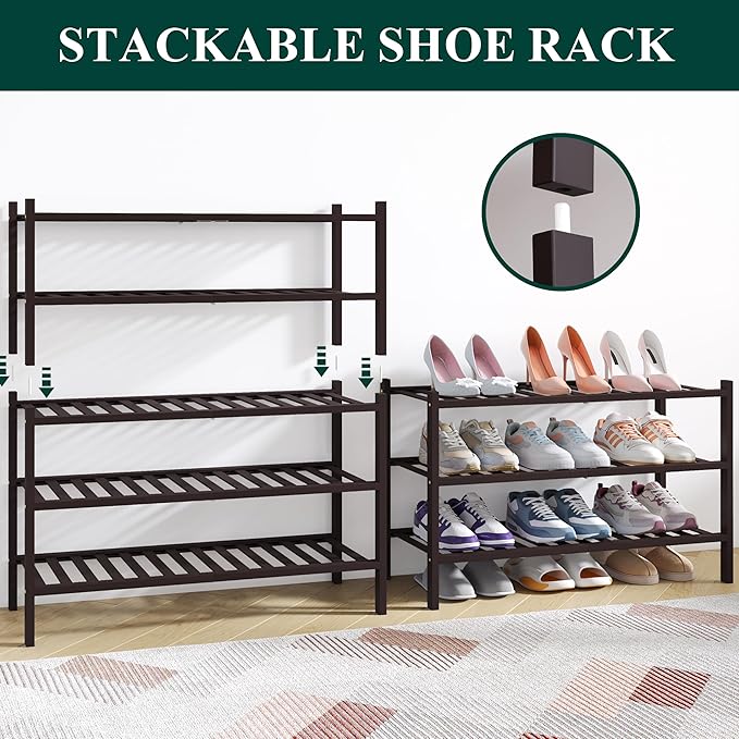 Smiry Bamboo Shoe Rack for Closet, 6 Tier Wooden Stackable Shoe Organizer, Free Standing Shoes Storage Shelf for Entryway, Front Door Entrance, Brown - Image 4